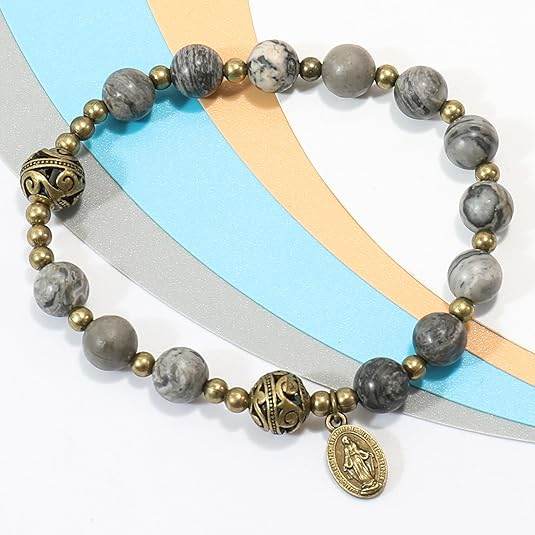 Map Stone Stone Beads Rosary Bracelet with Metal Separators and Catholic Miraculous Medal - Nazareth Store