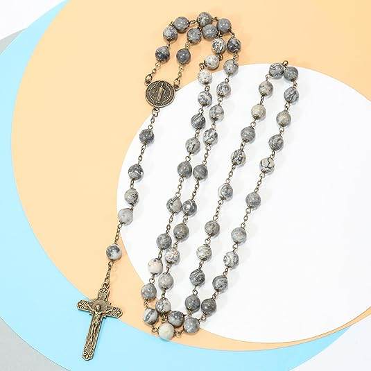 St. Benedict Map Stone Antique Bronze Rosary Necklace Cross and Medal - Nazareth Store