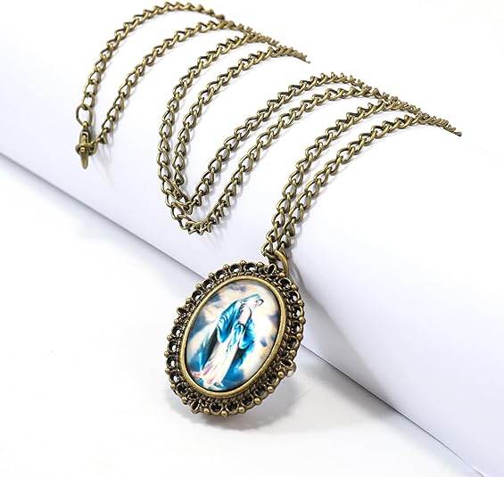 Antique Bronze Pocket Watch Pendant with Miraculous Madonna Christian Chain Necklace - Nazareth Store