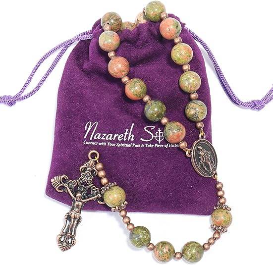 Natural Agate Green Flower Beads Rosary Necklace with Red Miraculous Medal with Cross - Nazareth Store