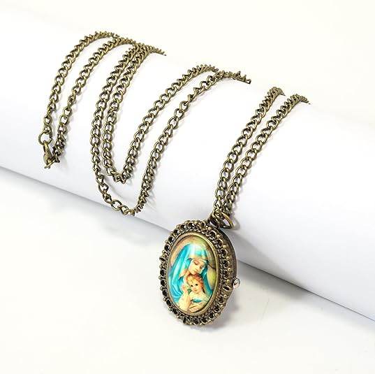 Antique Bronze Pocket Watch Pendant with Holy Mary & Baby Jesus Chain Necklace - Nazareth Store
