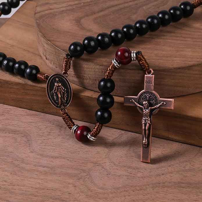 Handmade Black & Dark Red Wooden Rosary Necklace Antique Copper Miraculous Medal & Crucifix Catholic Prayer Beads for Men (Copy)