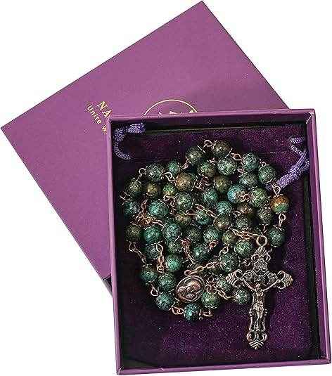 Natural Jasper Stone Beads Rosary Necklace Holy Soil Medal & Cross Crucifix