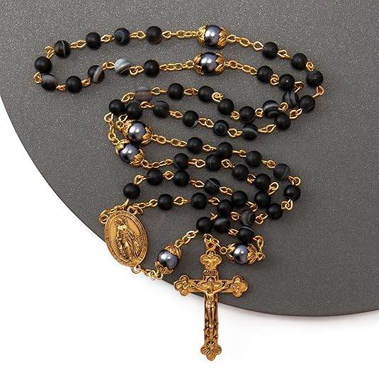 Matte Stone & Pearl Round Beads Rosary Gold Necklace Miraculous Medal & Cross - Nazareth Store
