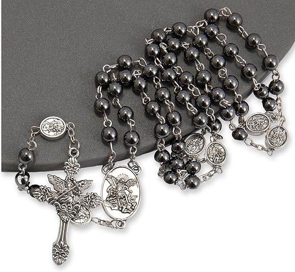 Hematite Rosary Necklace with Silver Archangel Medal & St. Michael Cross - Nazareth Store