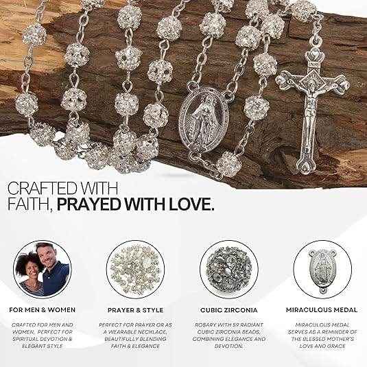 Catholic Rosary Necklace Clear Zircon Beads with Miraculous Medal - Nazareth Store