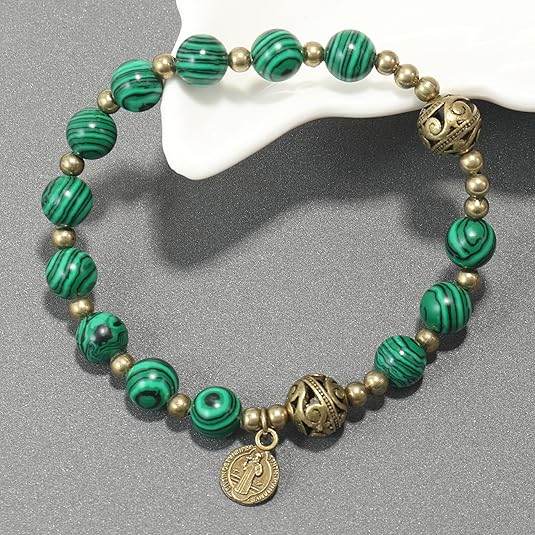 St. Benedict Malachite Stone Beads Rosary Bracelet with Metal Separators and Catholic Medal - Nazareth Store