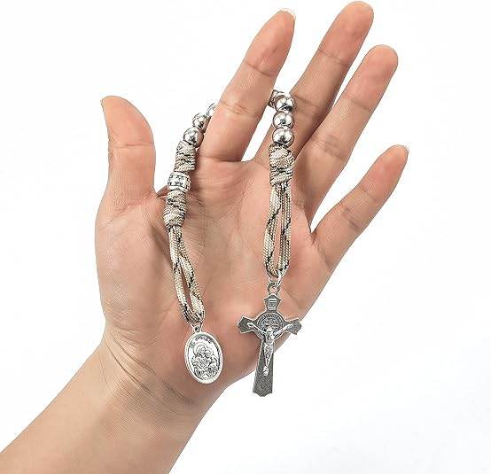 Silver Beads Brown Paracord Pocket Car Rosary St. Joseph Medal & St. Benedict Cross - Nazareth Store