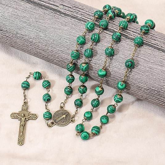 St. Benedict Malachite Antique Bronze Rosary Necklace Cross and Medal - Nazareth Store