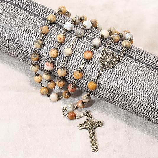 African Jasper Antique Bronze Rosary Necklace St. Benedict Cross and Medal - Nazareth Store