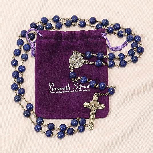 Lapis Lazuli Stone Beads Rosary Antique Bronze Necklace St. Benedict Cross and Medal - Nazareth Store