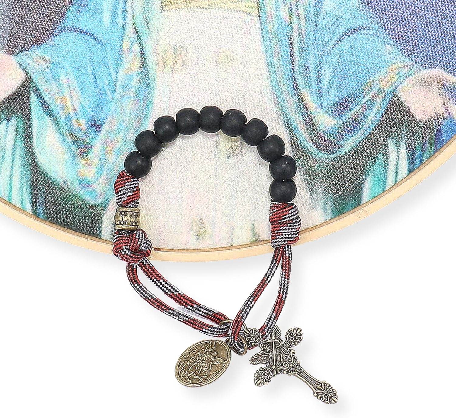 Black Beads Antique One Decade Paracord Rosary Pocket Car Rosary St Michael Medal & Archangel Cross - Nazareth Store