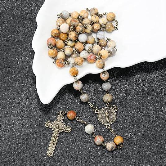 African Jasper Antique Bronze Rosary Necklace St. Benedict Cross and Medal - Nazareth Store