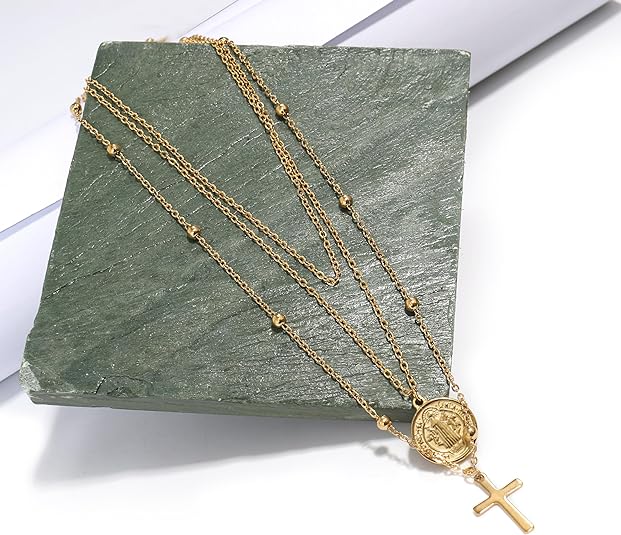 Layered Dainty 18" Necklace: 14K Gold Plated Cross with Saint Benedict Medal Protection Amulet Chain Nazareth Store