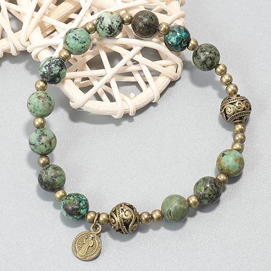 St. Benedict Africa Jasper Stone Beads Wrist Bracelet Rosary with Metal Separators - Nazareth Store