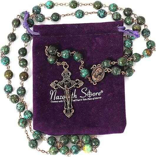 Natural Jasper Stone Beads Rosary Necklace Holy Soil Medal & Cross Crucifix