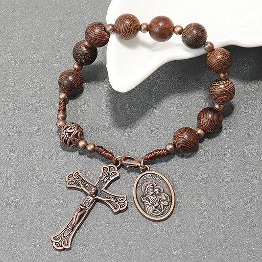 St. Joseph Wood Beads One Decade Car Mirror Beads Rosary with Jesus Cross - Nazareth Store