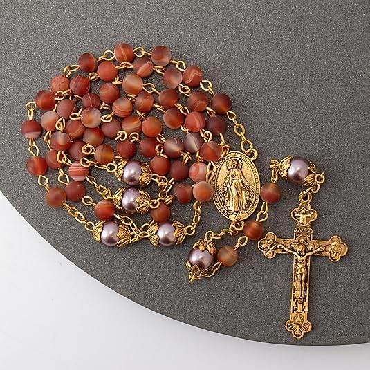Matte Stone & Pearl Round Beads Rosary Gold Necklace Miraculous Medal & Cross - Nazareth Store