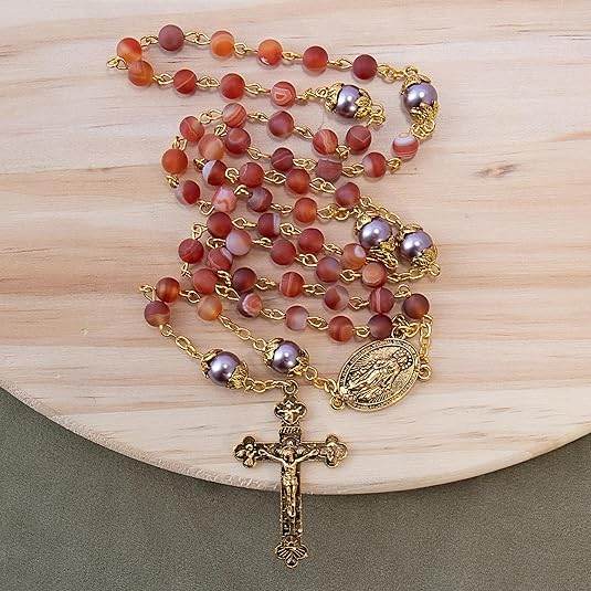 Matte Stone & Pearl Round Beads Rosary Gold Necklace Miraculous Medal & Cross - Nazareth Store