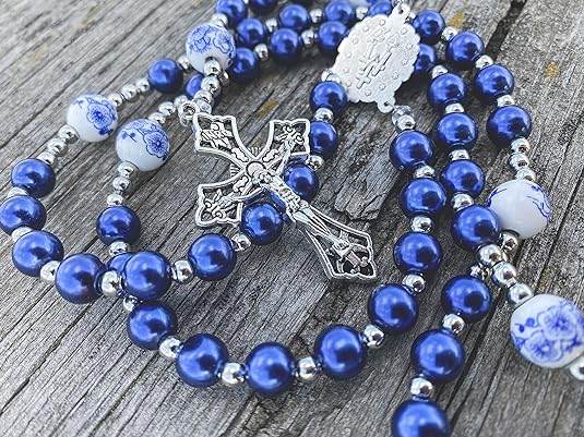 Blue Flowers Beads Rosary Crystallized Glass Pearl Necklace - Nazareth Store