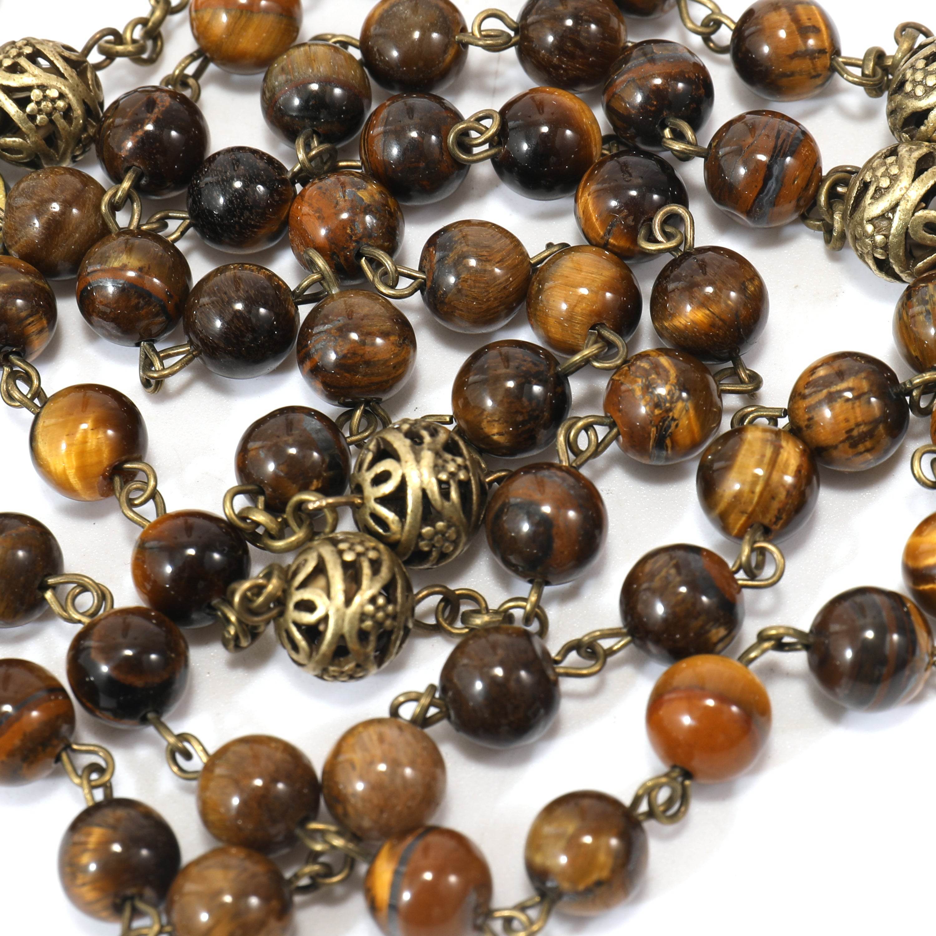 Tiger Eye Natural Stone Beaded Rosary Antique Brass Chaplets Cross Necklace - Nazareth Store