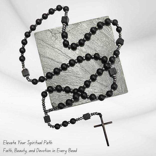 Black Tiger Eye & Lava Stone 9mm Beads Rosary Necklace with Black Alloy Cross - Nazareth Store