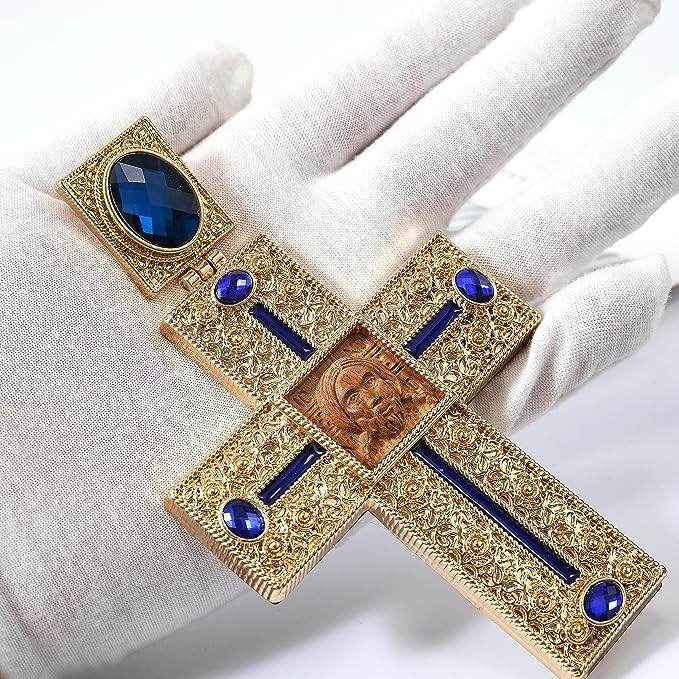 Blue Crystallized Stones Pectoral Cross Clergy Pendant - Nazareth Store