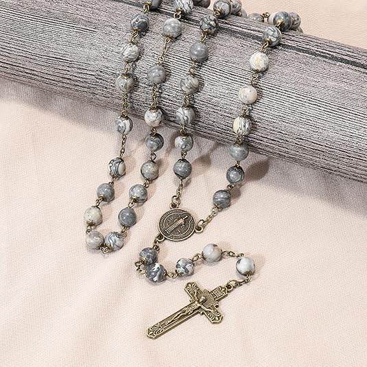 St. Benedict Map Stone Antique Bronze Rosary Necklace Cross and Medal - Nazareth Store