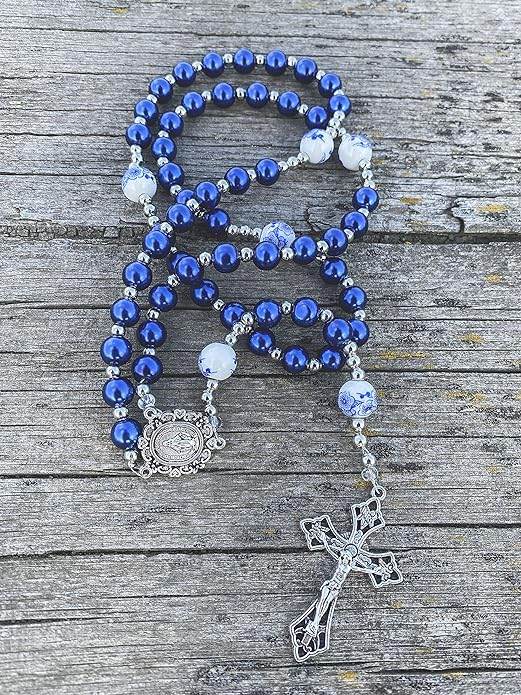 Blue Flowers Beads Rosary Crystallized Glass Pearl Necklace - Nazareth Store