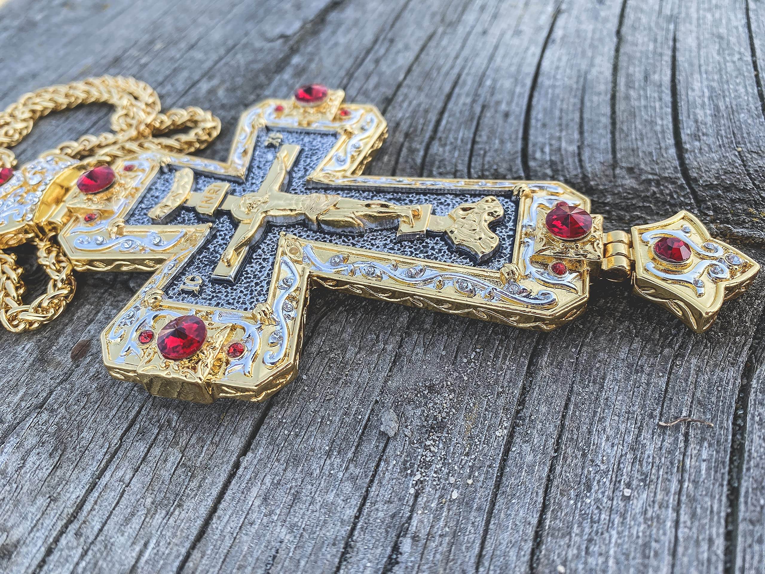 Gold Pectoral Cross Pendant Jesus Priest Bishop Crystallized Beads Clergy Necklace - Nazareth Store
