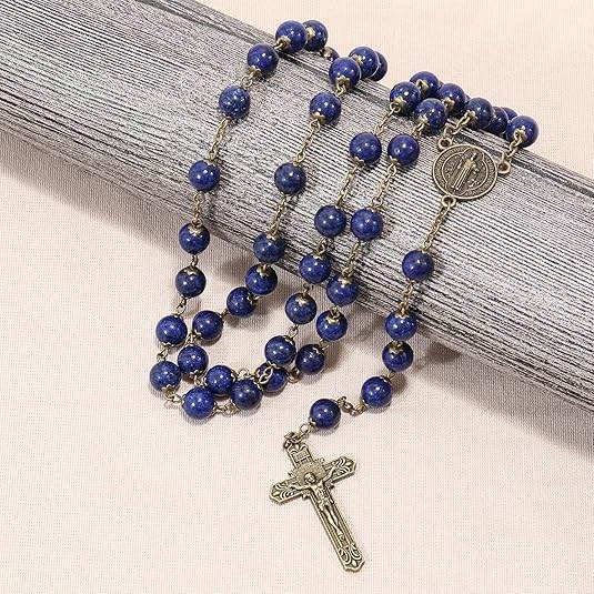 Lapis Lazuli Stone Beads Rosary Antique Bronze Necklace St. Benedict Cross and Medal - Nazareth Store