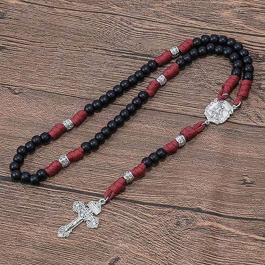 St.Michael Black Beads Red Paracord Rosary Rugged Beaded Pardon Cross - Nazareth Store