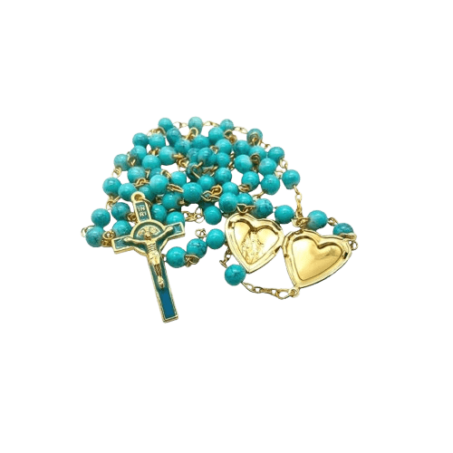 Saint Benedict Turquoise Beads Rosary Enamel Cross Heart Shape Medal - Nazareth Store