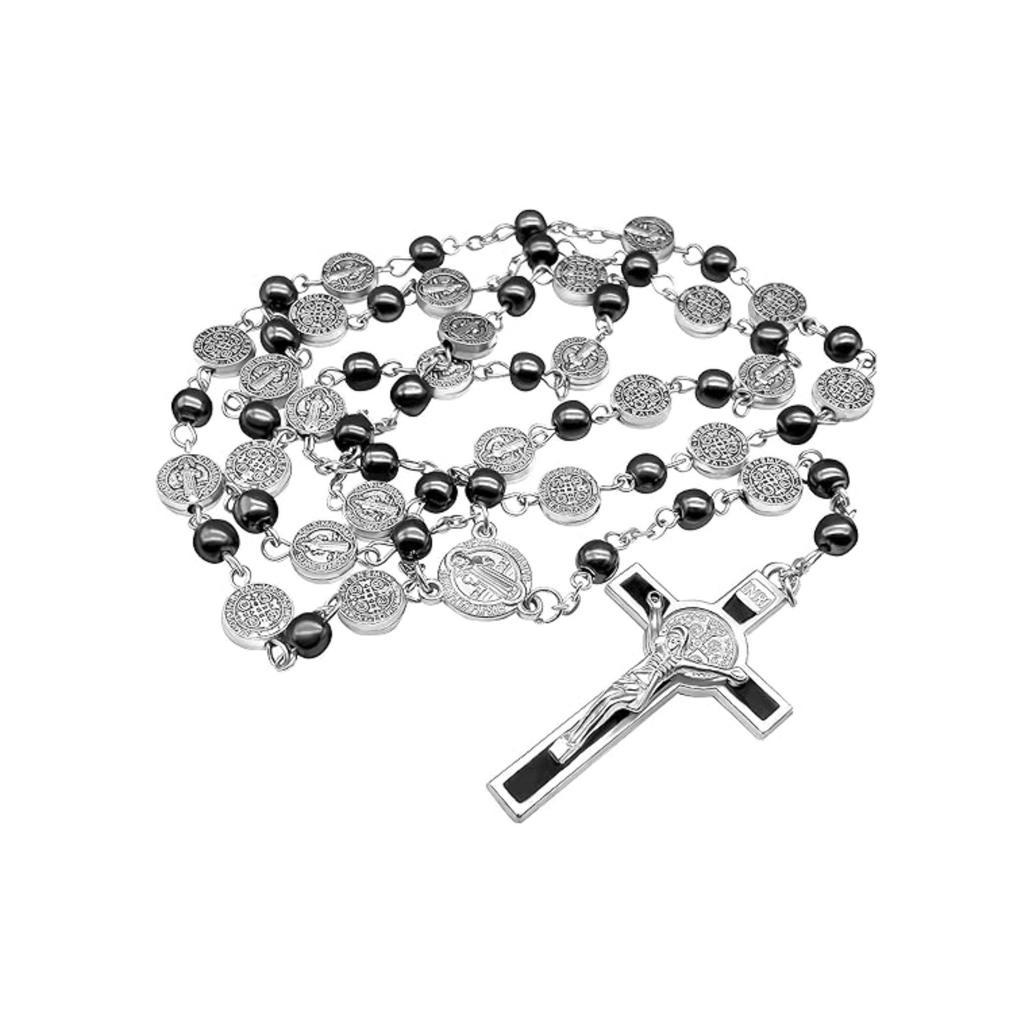 St. Benedict Rosary Necklace Hematite Metal Beads Stainless Medal & Cross - Nazareth Store
