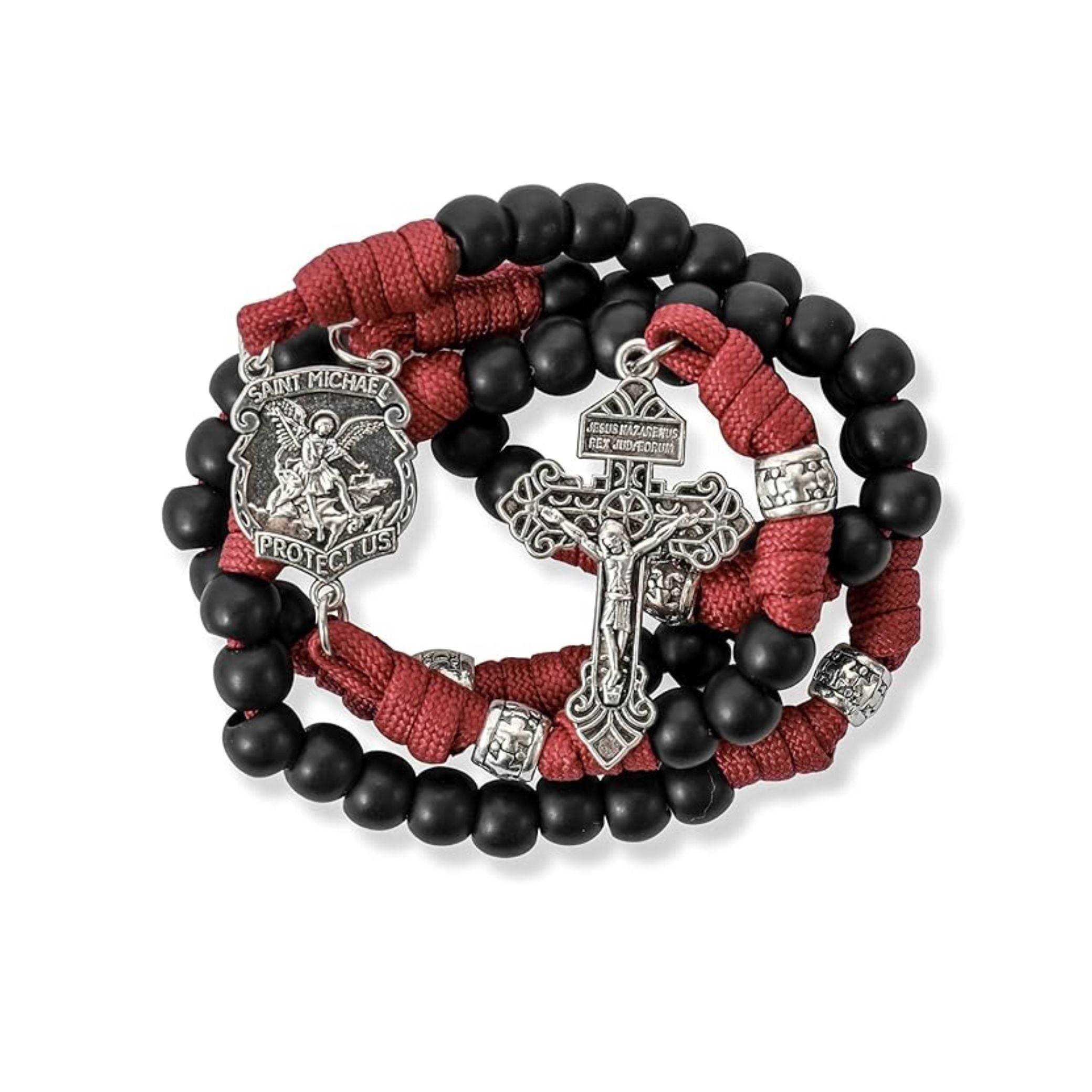 St.Michael Black Beads Red Paracord Rosary Rugged Beaded Pardon Cross - Nazareth Store