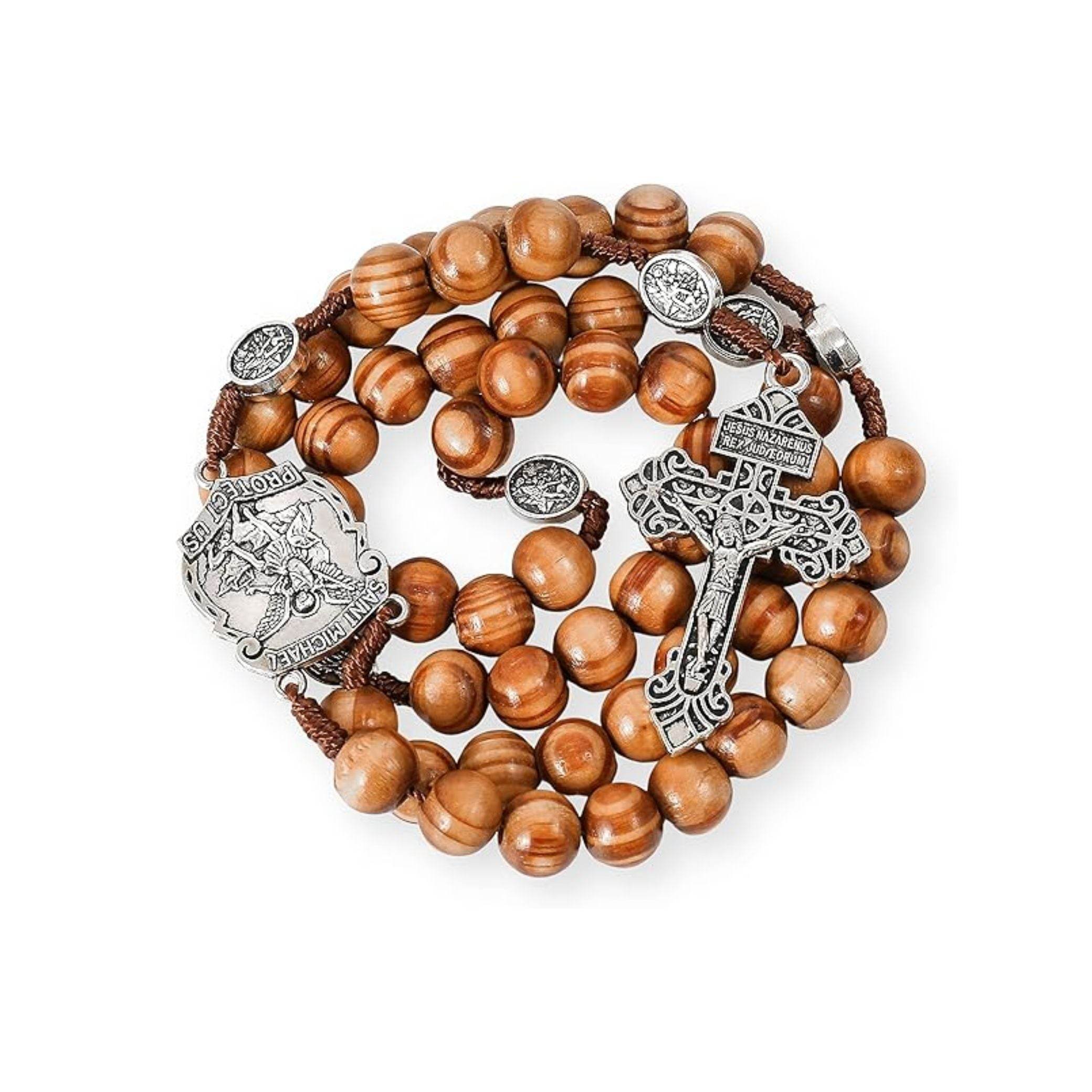 St Michael Sacred Wood Beads Rosary Solid Wooden Prayer Chaplet with Silver Pardon Crucifix - Nazareth Store