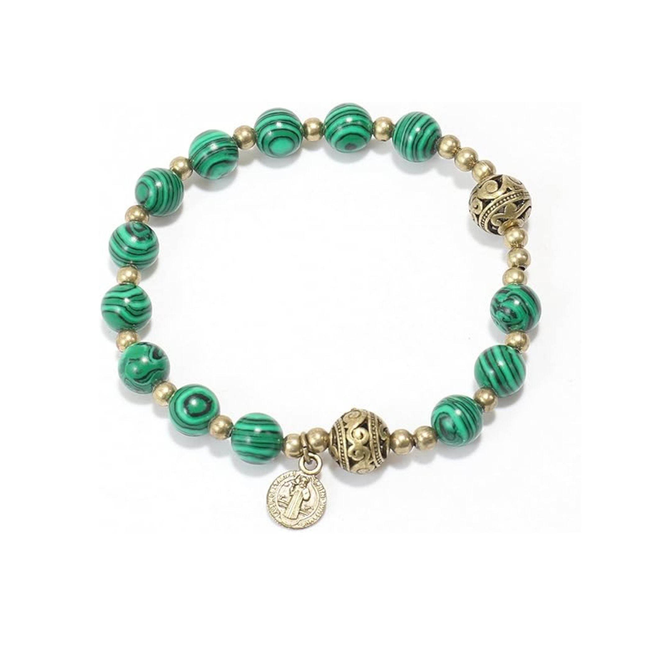 St. Benedict Malachite Stone Beads Rosary Bracelet with Metal Separators and Catholic Medal - Nazareth Store