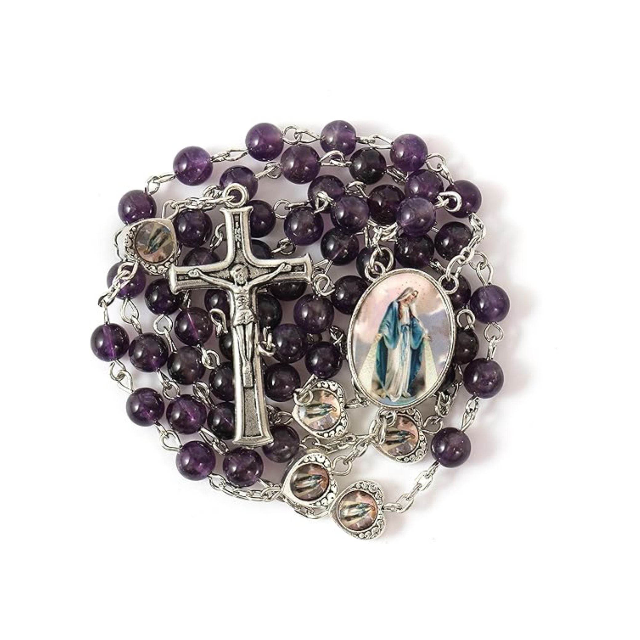 Rosary Necklace with Amethyst Stone Beads and Miraculous Epoxy Heart Metal Beads - Nazareth Store