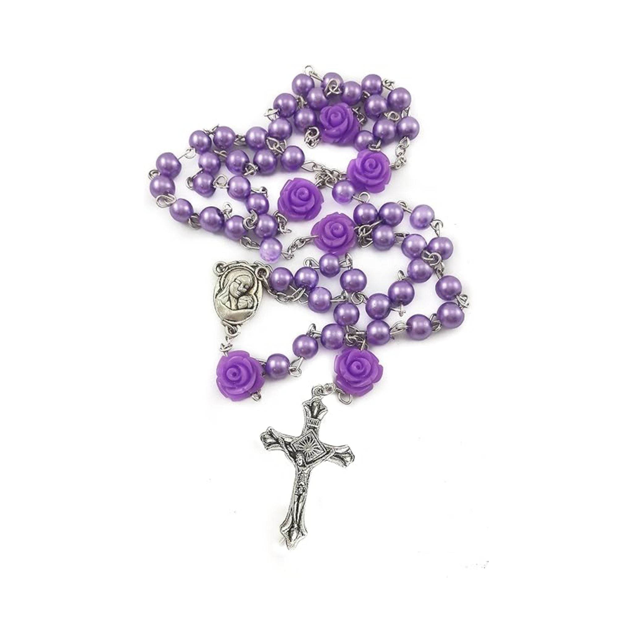 Rosary Necklace with Purple Pearl Beads & Our Rose Holy Soil Medal