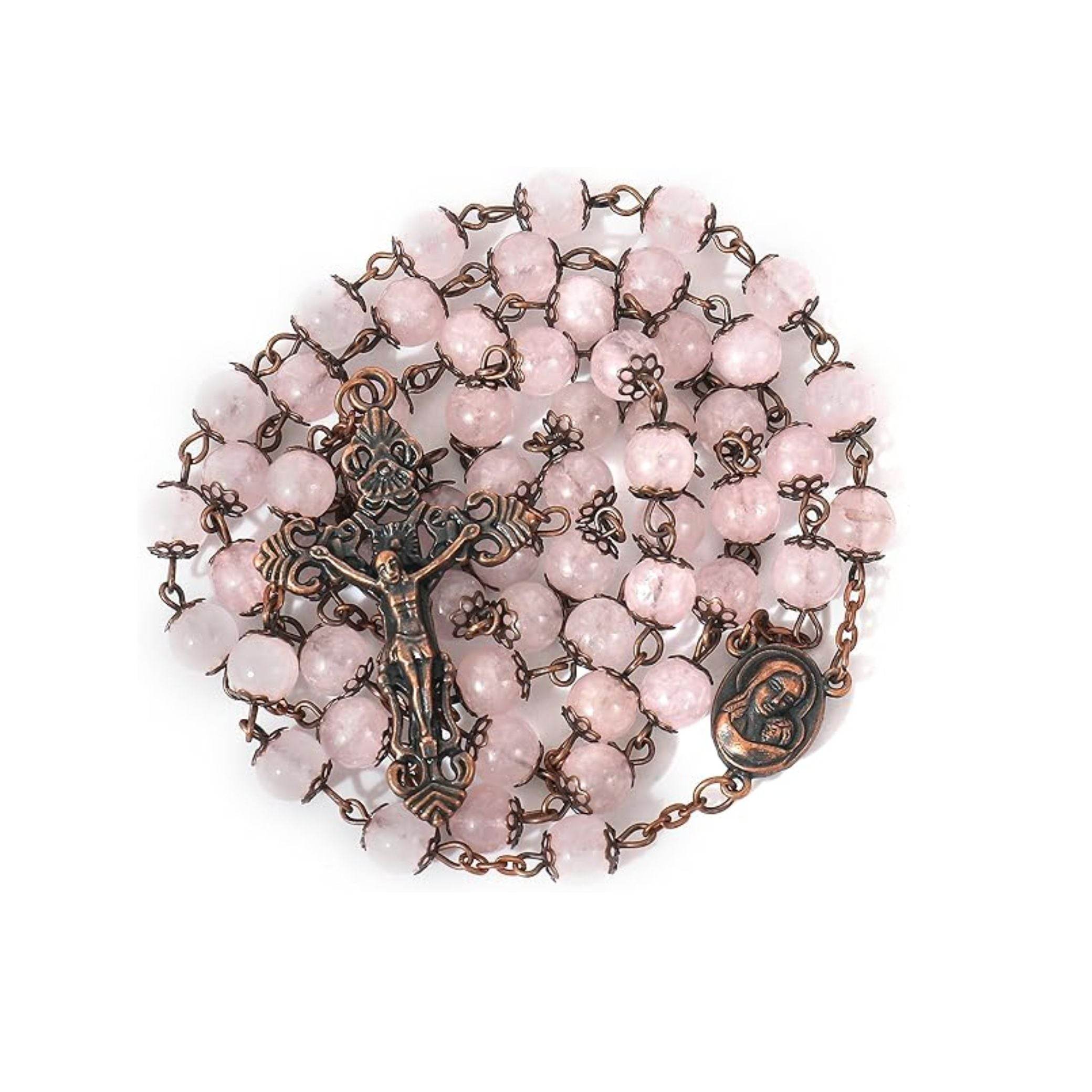 Rose Quartz Natural Stone Rosary Beads Necklace Holy Soil & Cross Crucifix - Nazareth Store