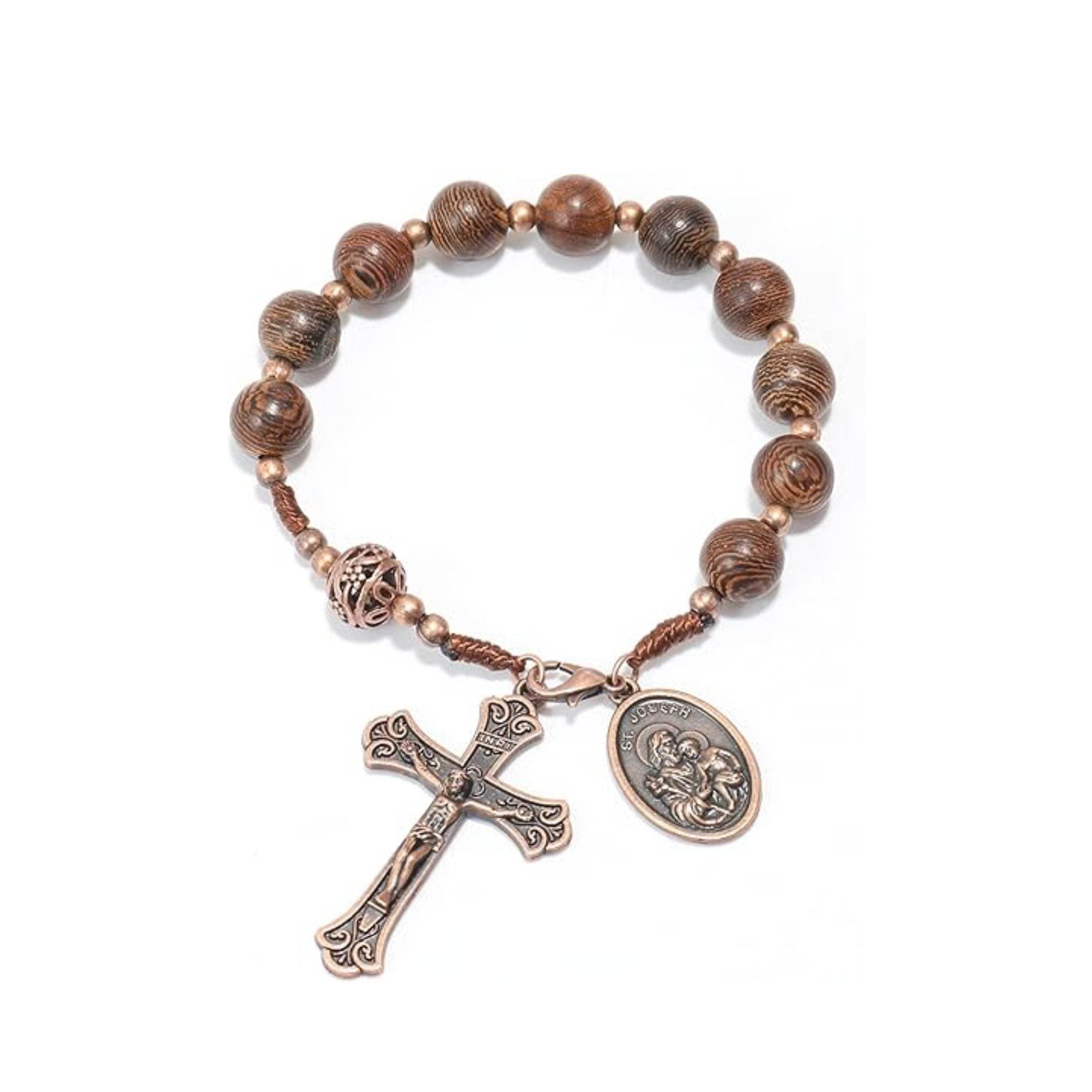 St. Joseph Wood Beads One Decade Car Mirror Beads Rosary with Jesus Cross - Nazareth Store