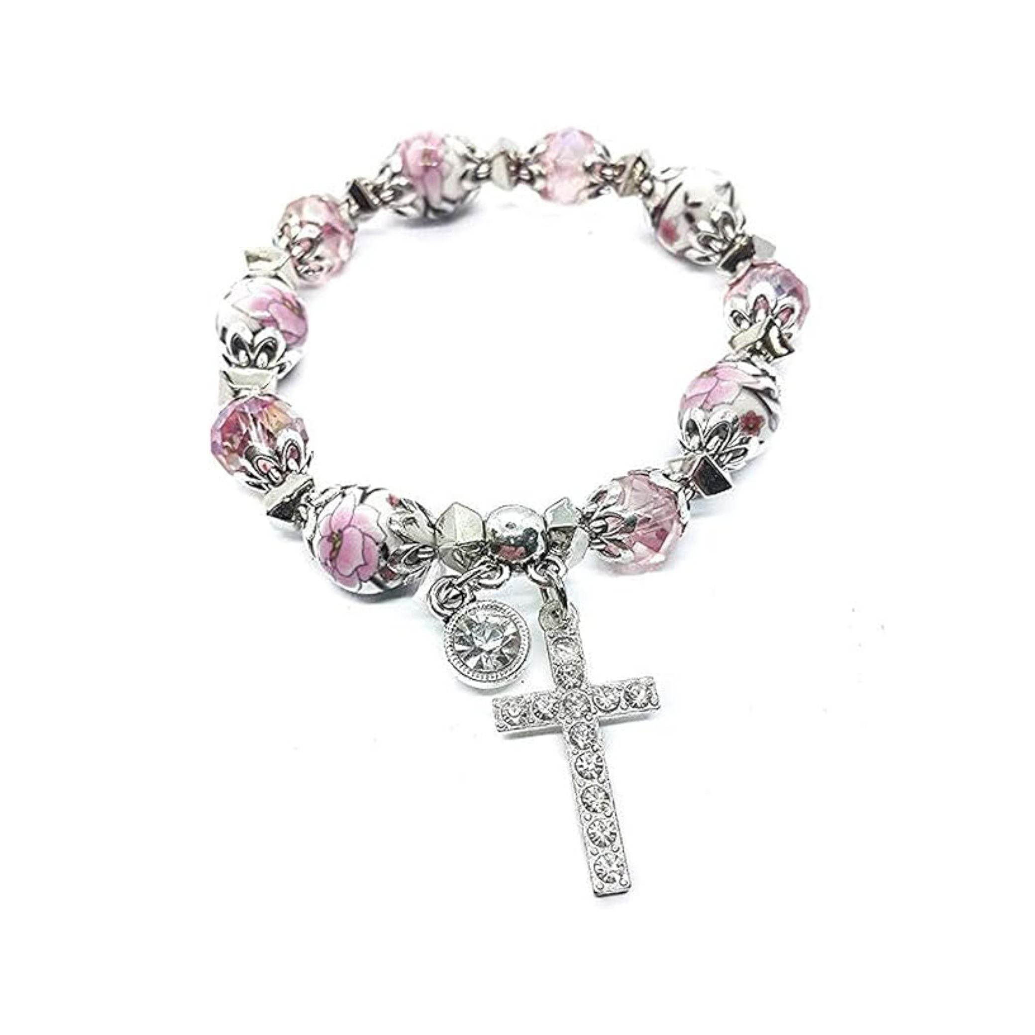Pink Crystals Rosary Beads Bracelet Christian Classic Beaded Bangle with Cross - Nazareth Store