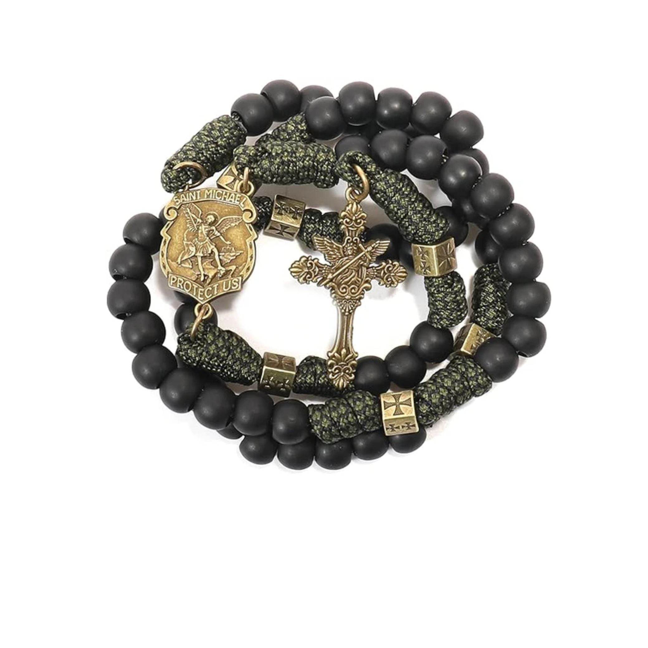 Antique Bronze Metal Rugged Paracord Rosary Necklace Black Matte Prayer Beads with Saint Medal and Crucifix Cross - Nazareth Store