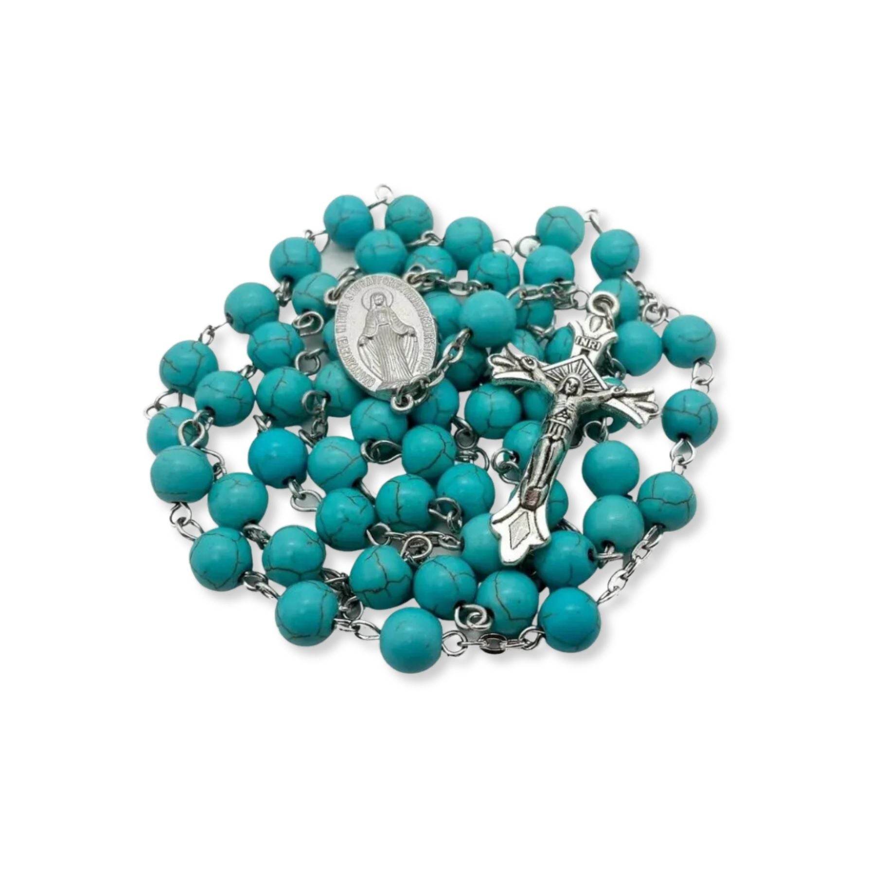 Turquoise Beads Rosary Catholic Necklace Miraculous Medal & Cross - Nazareth Store