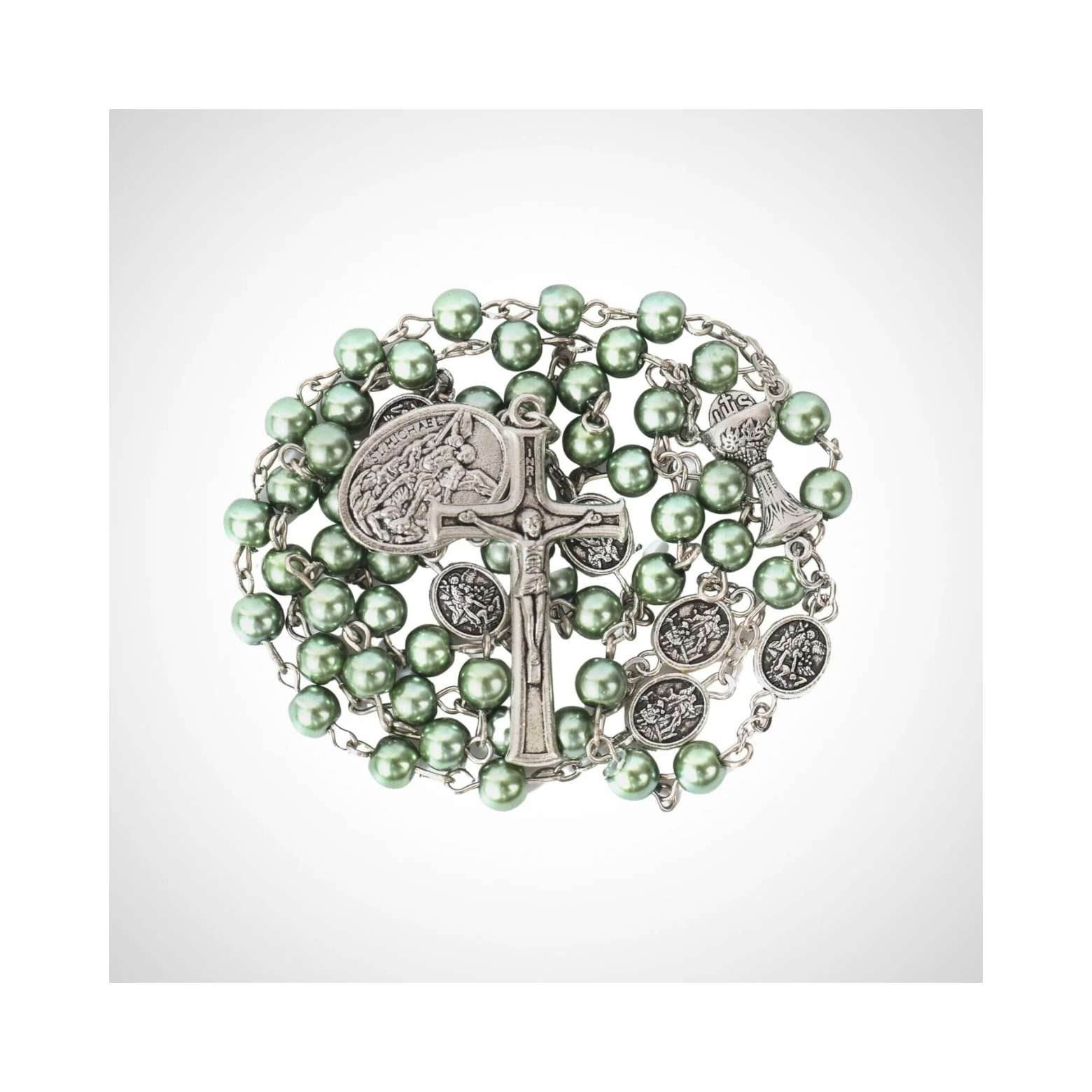 Green Pearl Communion Rosary Guardian Our Father Beads and St. Michael Medal - Nazareth Store