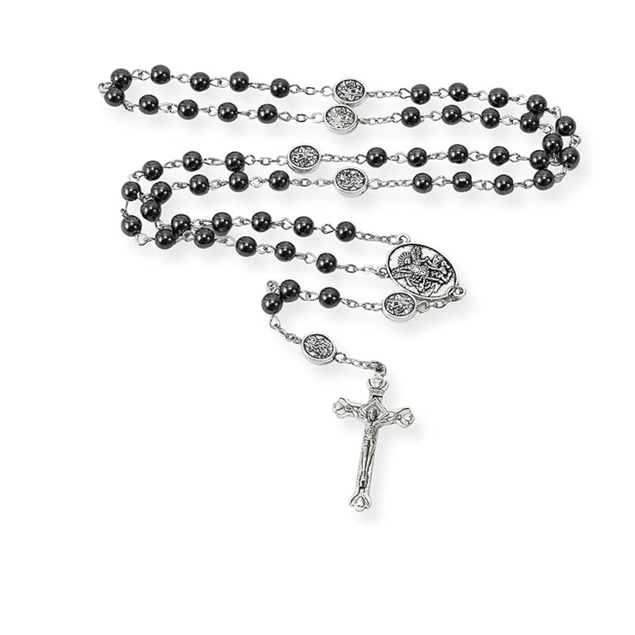 Black Hematite Silver St. Michael Stone Beads Rosary Necklace with Metal Box - Nazareth Store