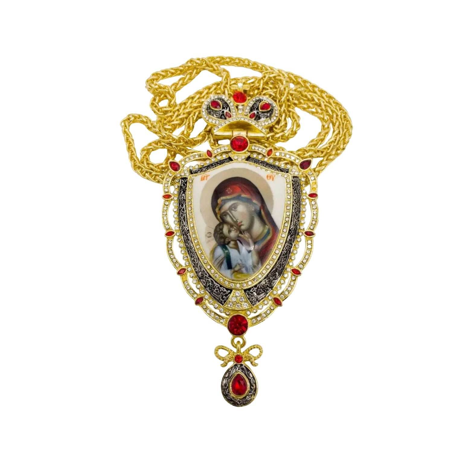 Red Crystals Pectoral Cross Pendant with Holy Mary & Baby Jesus - Nazareth Store