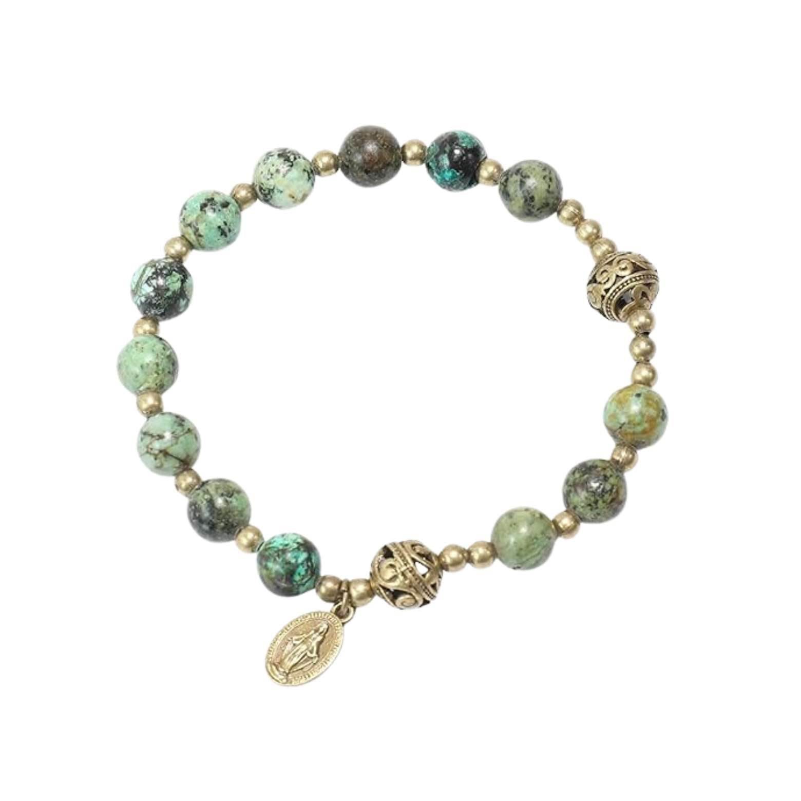 Africa Jasper Stone Beads Rosary Bracelet with Metal Separators and Catholic Miraculous Medal - Nazareth Store