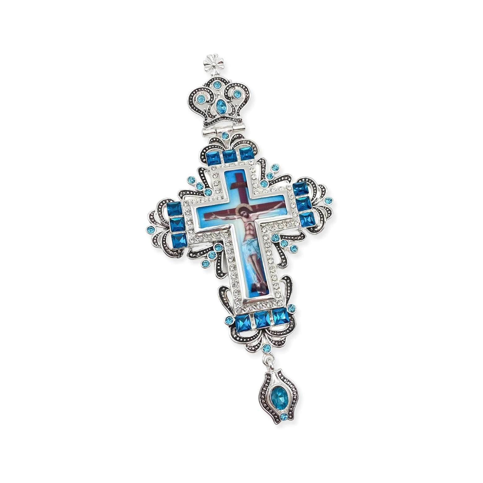 Turqouise Crystallized Pectoral Clergy Cross Pendant Jesus Priest Bishop Crucifix - Nazareth Store