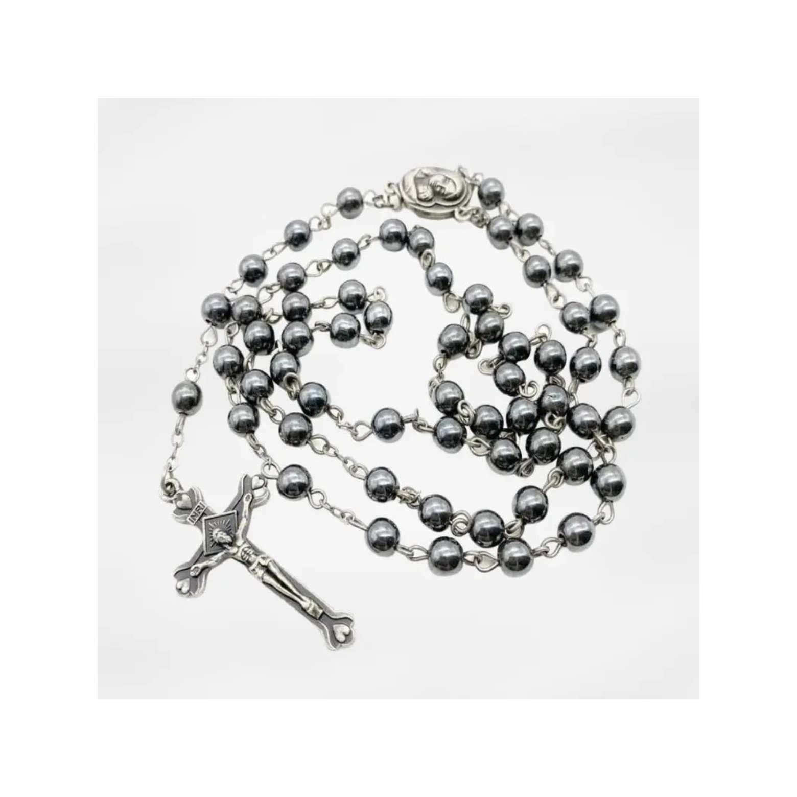 Black Hematite Rosary Necklace Natural Stone Beads Chaplet Velvet Bag - Nazareth Store